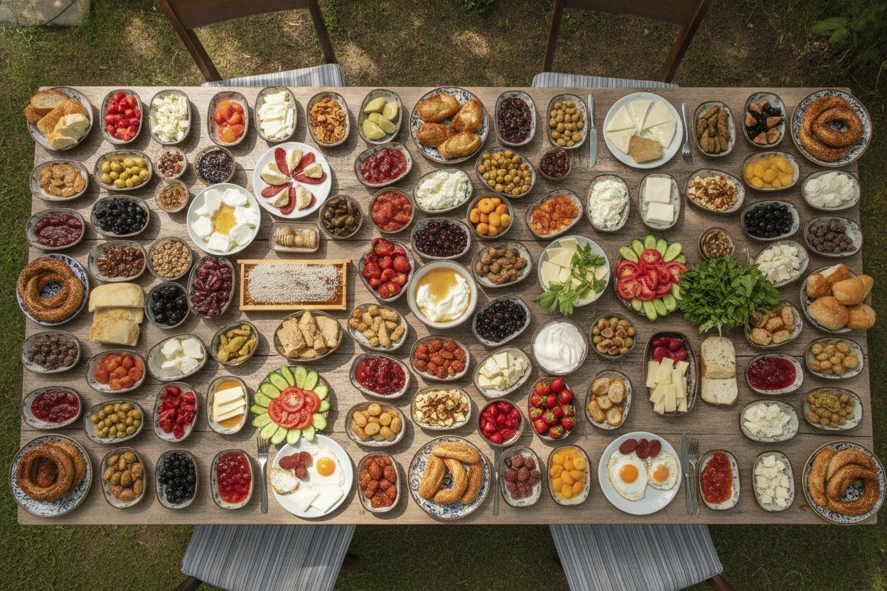 Uzun masada serilmiş serpme kahvaltı tabakları — peynirler, zeytin, reçeller