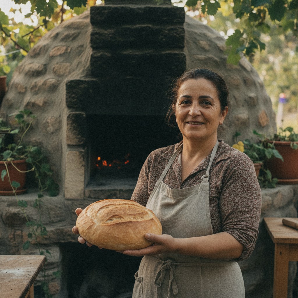 Fırının başında ekmek çeviren Emine usta